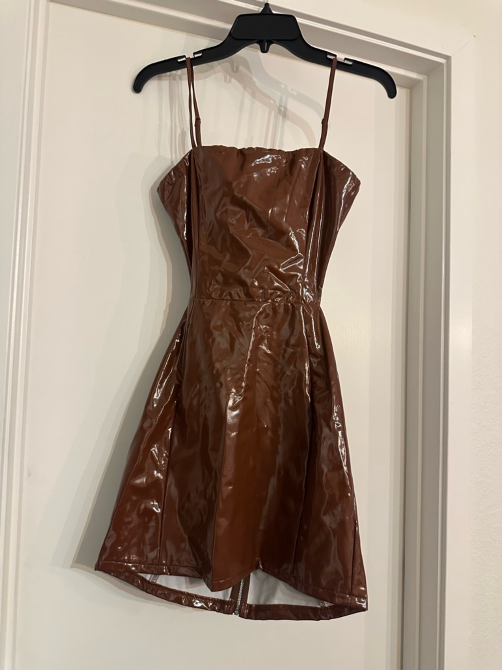 Tiger Mist Brown Patent Spaghetti Strap Mini Dress